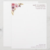 Roze, blauwe en Paarse Waterverf Vloer & Bladeren Briefhoofd Sjabloon (Voorkant / Achterkant)