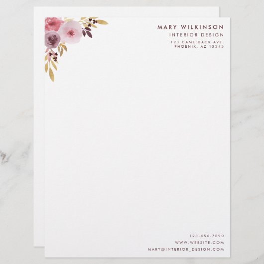 Roze, blauwe en Paarse Waterverf Vloer & Bladeren Briefhoofd Sjabloon (Voorkant / Achterkant)