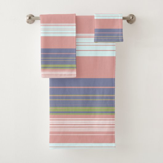 Roze, blauwe en verticale strepen van olijven. bad handdoek (Insitu)