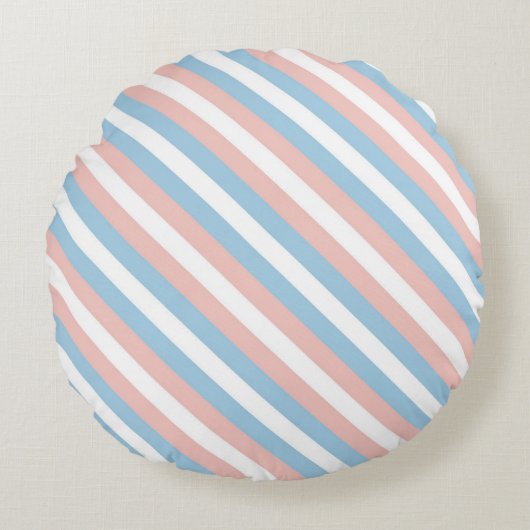 Roze, blauwe en witte diagonale streep rond kussen (Voorkant)