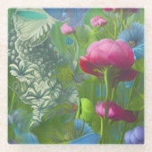 Roze, blauwe en witte floraal glazen onderzetter (Voorkant)