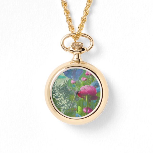 Roze, blauwe en witte floraal horloge (Voorkant)