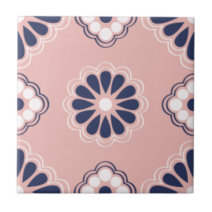 Roze, Blauwe en Witte Geometrische Flowers Tile Tegeltje