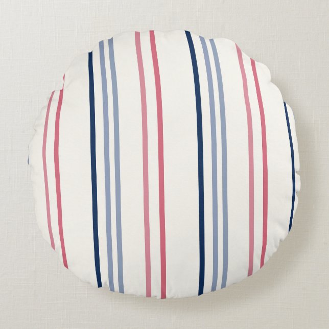 Roze blauwe en witte strepen rond kussen (Voorkant)