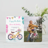 Roze & Blauwe Fiets Verjaardagsfeestfoto Kaart (Staand voorkant)