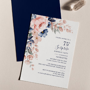 Roze Blauwe Floral 75e Birthday Party Invitation Notitiekaartje