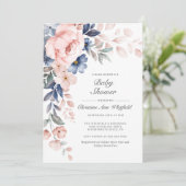 Roze Blauwe Floral Baby shower Kaart (Staand voorkant)