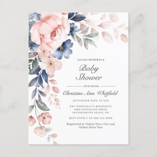 Roze Blauwe Floral Baby shower Uitnodiging
