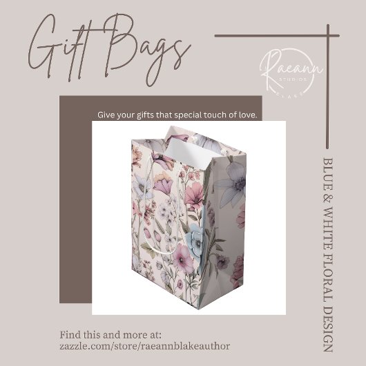 Roze & Blauwe Floral Design Gift Bag Medium Cadeauzakje