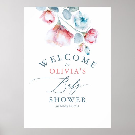 Roze Blauwe Floral Elegant Baby shower Welkom Poster (Voorkant)