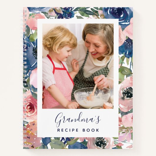Roze blauwe Floral Foto van oma's recept Book Notitieboek (Voorkant)
