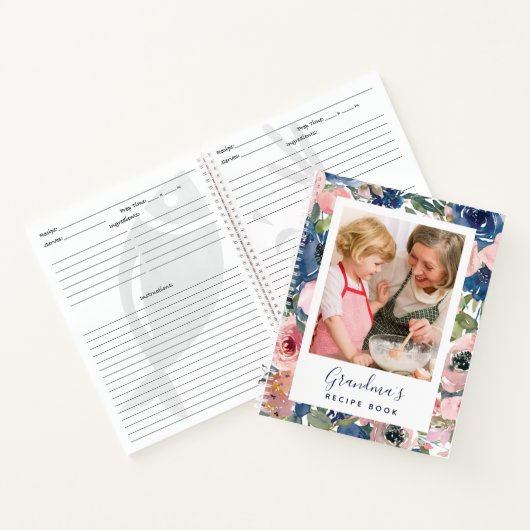 Roze blauwe Floral Foto van oma's recept Book Notitieboek (Binnen)