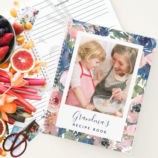 Roze blauwe Floral Foto van oma's recept Book Notitieboek