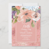 Roze Blauwe Floral Gold Glitter Girl's zestiende v Kaart (Voorkant)