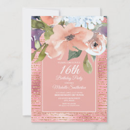 Roze Blauwe Floral Gold Glitter Girl's zestiende v Kaart