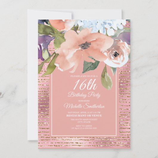 Roze Blauwe Floral Gold Glitter Girl's zestiende v Kaart (Voorkant)