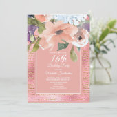 Roze Blauwe Floral Gold Glitter Girl's zestiende v Kaart (Staand voorkant)