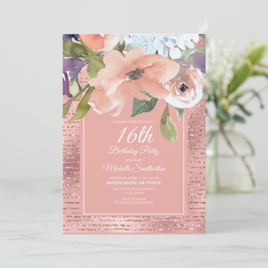 Roze Blauwe Floral Gold Glitter Girl's zestiende v Kaart (Staand voorkant)