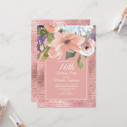 Roze Blauwe Floral Gold Glitter Girl's zestiende v Kaart (Voorkant / Achterkant in situ)