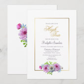 Roze blauwe Floral Gold Vrijgezellenfeest High Tea Kaart (Voorkant / Achterkant)