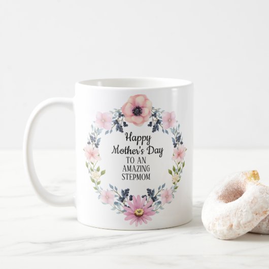 Roze Blauwe Floral Happy Moederdag-Stepmoeder Koffiemok (Met donut)