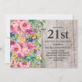 Roze Blauwe Floral Rustic Wood 21st Birthday Party Kaart
