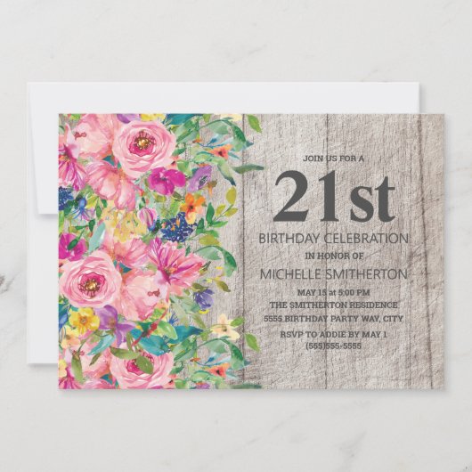Roze Blauwe Floral Rustic Wood 21st Birthday Party Kaart (Voorkant)