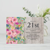 Roze Blauwe Floral Rustic Wood 21st Birthday Party Kaart (Staand voorkant)