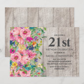 Roze Blauwe Floral Rustic Wood 21st Birthday Party Kaart (Voorkant / Achterkant)