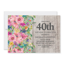 Roze Blauwe Floral Rustic Wood 40th Birthday Party