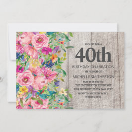 Roze Blauwe Floral Rustic Wood 40th Birthday Party Kaart