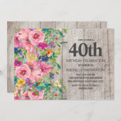 Roze Blauwe Floral Rustic Wood 40th Birthday Party Kaart (Voorkant / Achterkant)