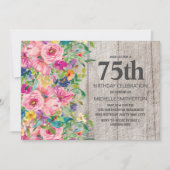 Roze Blauwe Floral Rustic Wood 75th Birthday Party Kaart (Voorkant)