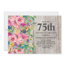 Roze Blauwe Floral Rustic Wood 75th Birthday Party