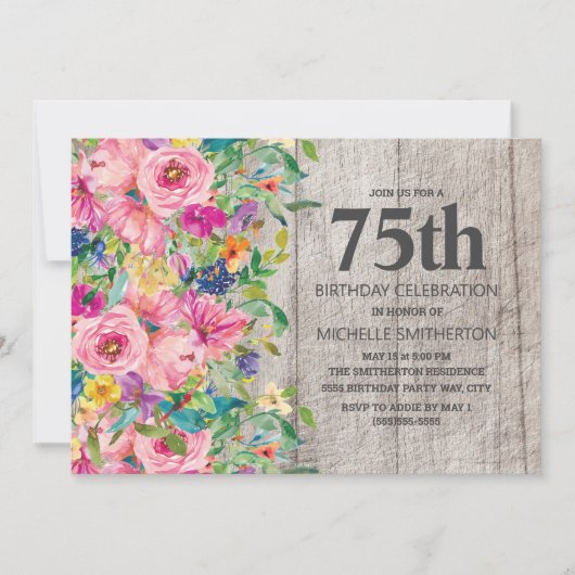 Roze Blauwe Floral Rustic Wood 75th Birthday Party Kaart (Voorkant)