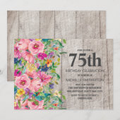 Roze Blauwe Floral Rustic Wood 75th Birthday Party Kaart (Voorkant / Achterkant)