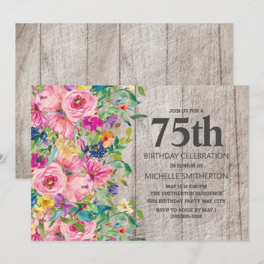 Roze Blauwe Floral Rustic Wood 75th Birthday Party Kaart (Voorkant / Achterkant)
