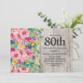 Roze Blauwe Floral Rustic Wood 80th Birthday Party Kaart (Staand voorkant)