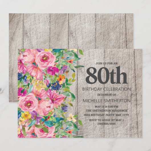 Roze Blauwe Floral Rustic Wood 80th Birthday Party Kaart (Voorkant / Achterkant)