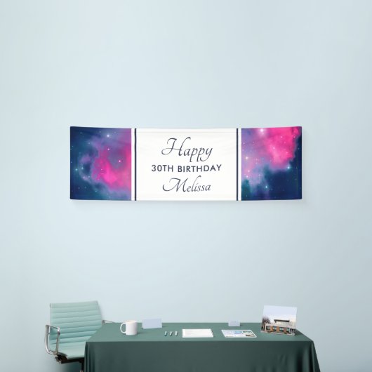 Roze & Blauwe Galaxy Nebula & Sterren Verjaardag Spandoek (Beurs)
