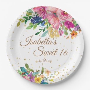 Roze blauwe geel Floral Sweet 16 Birthday Name Papieren Bordje