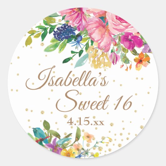 Roze blauwe geel Floral Sweet 16 Ronde Sticker (Voorkant)