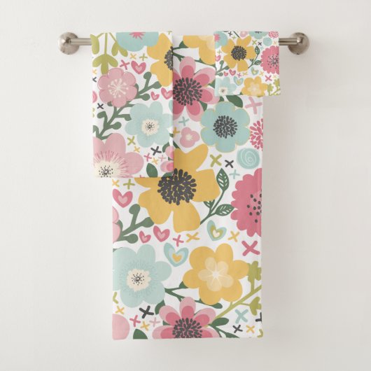 Roze Blauwe Gele Bloemen Modern Bloem Motief Bad H Bad Handdoek (Insitu)