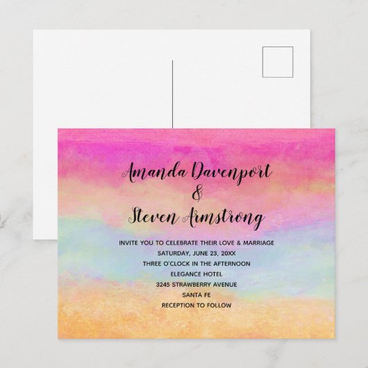 Roze blauwe gele regenboog Abstracte strepen bruil Uitnodiging Briefkaart (Voorkant / Achterkant)