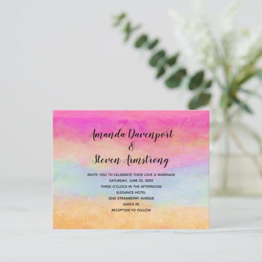 Roze blauwe gele regenboog Abstracte strepen bruil Uitnodiging Briefkaart (Staand voorkant)