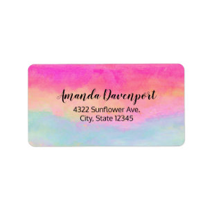 Roze blauwe gele regenboog Abstracte strepen Etiket