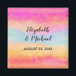 Roze blauwe gele regenboog Abstracte strepen Magneet<br><div class="desc">Een trouwmagneet met een afbeelding van een geschilderd abstract ontwerp. Gele blauwe en roze strepen. Vet en levendig achtergrondpatroon.</div>