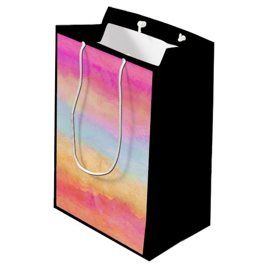 Roze blauwe gele regenboog Abstracte strepen Medium Cadeauzakje (Achterkant Gekanteld)