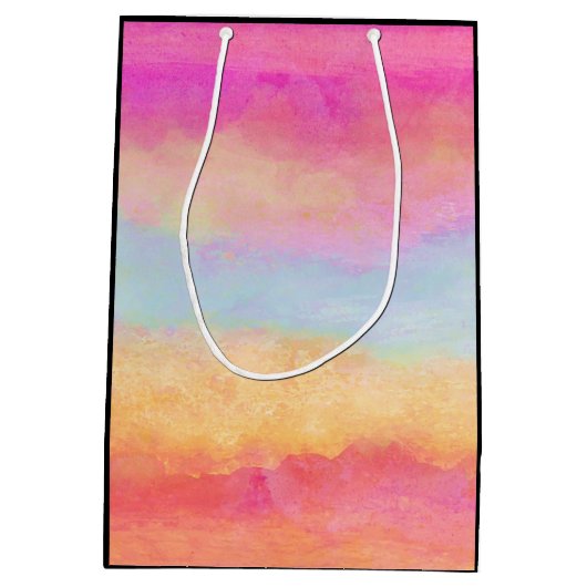 Roze blauwe gele regenboog Abstracte strepen Medium Cadeauzakje (Achterkant)