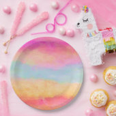 Roze blauwe gele regenboog Abstracte strepen Papieren Bordje (Feest)